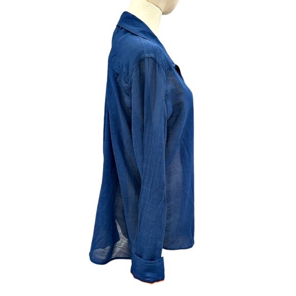 Stylus Semi Sheer Button Down Shirt Size XL Blue Orange Trim Cotton Long Sleeve - Picture 6 of 12